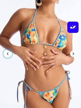 Fashion Nova Blue & Yellow Floral Triangle String Bikini